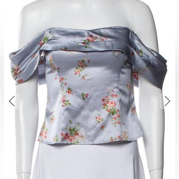 NWT Reformation Lux silk top Off the Shoulder silk corset top blue floral - Picture 6 of 13